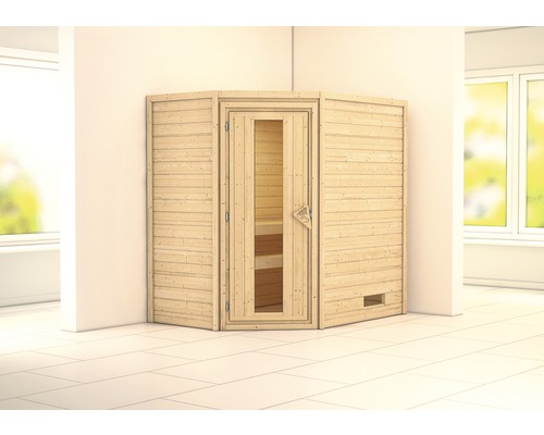 Karibu Svea blokhutsauna zonder kachel en dakrand, met houten deur en geïsoleerd glas.