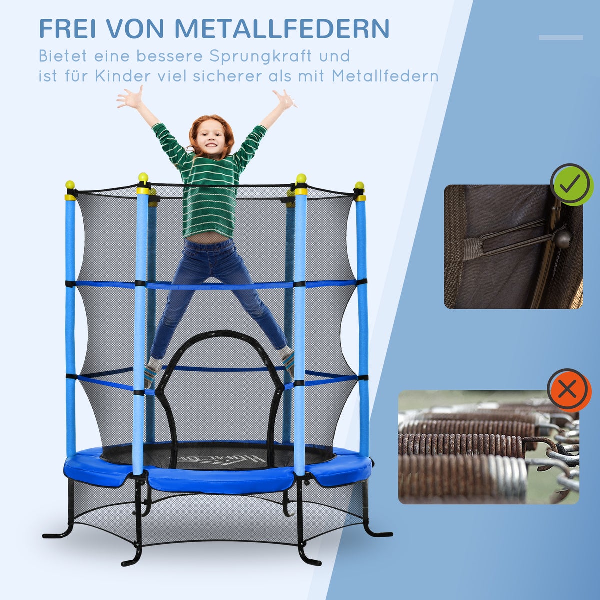 HOMCOM Trampoline voor kinderen, 163cm x 163cm x 163cm, staal, blauw, tot 50 kg