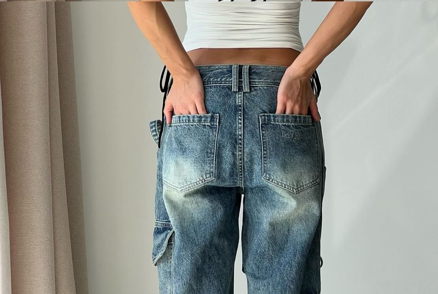 Rosesand - Low Rise Washed Bow Accent Straight-Fit Wijde Pijpen Jeans