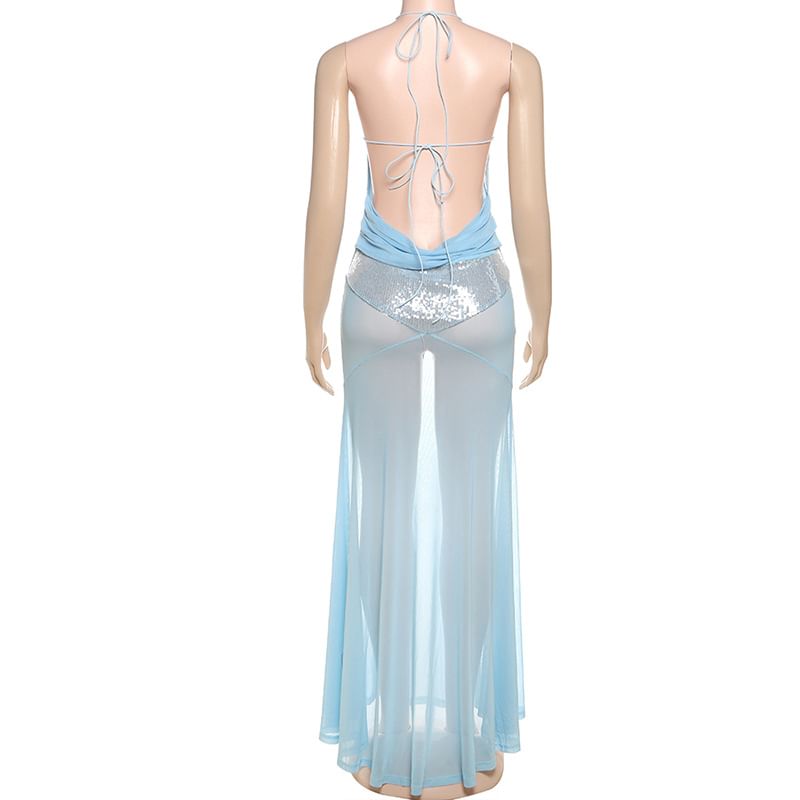Weaveal - Halter Sequin Panel Mesh Maxi Sheath Dress