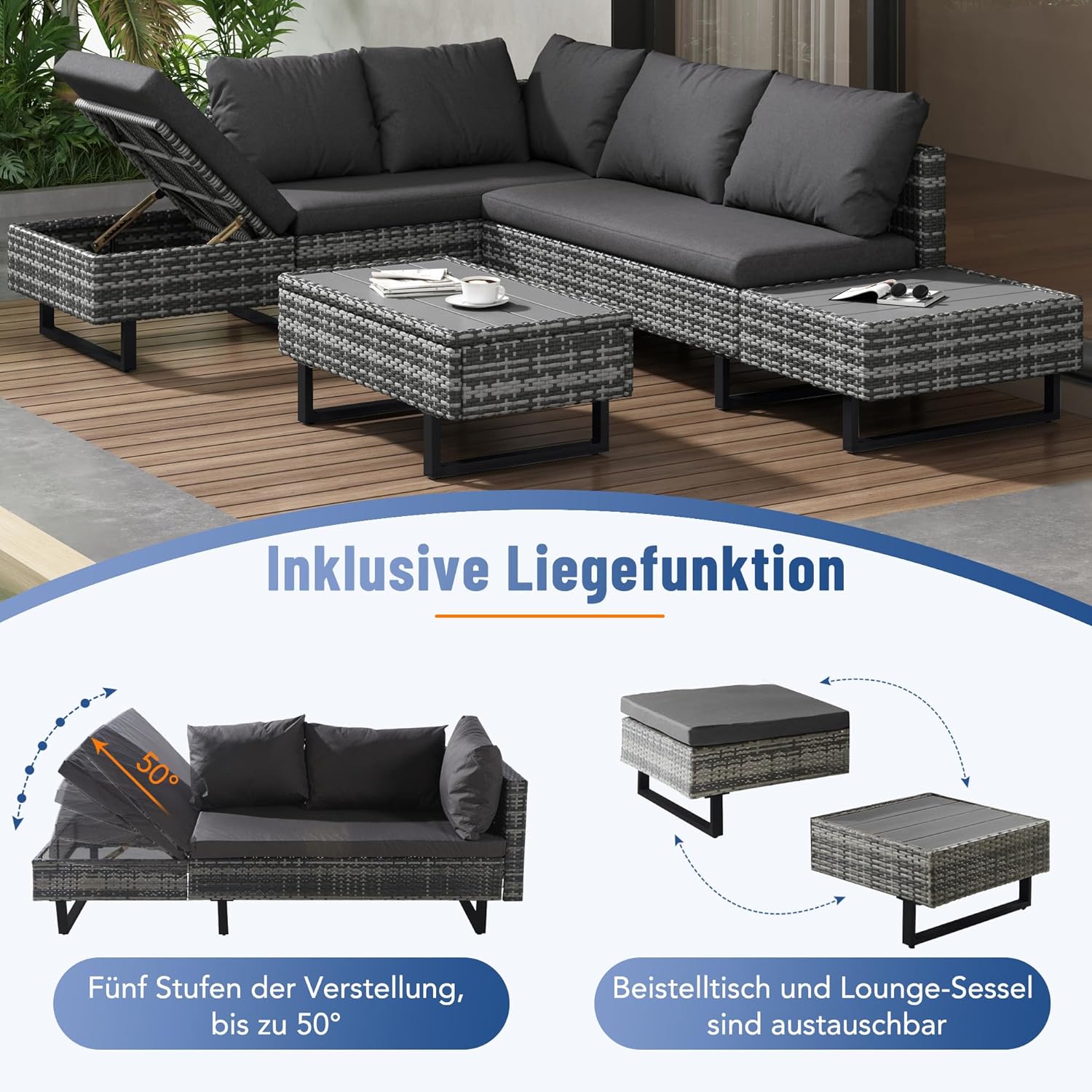 Merax Rattan Gartenmöbel Set mit 4–5 Sitzplätze, Outdoor Balkonmöbel, mit Liegefunktion und Kunststoffplatte Couchtisch, Terrassenmöbel mit Kissen für Balkon Terrasse, Gartenlounge Set, Grau