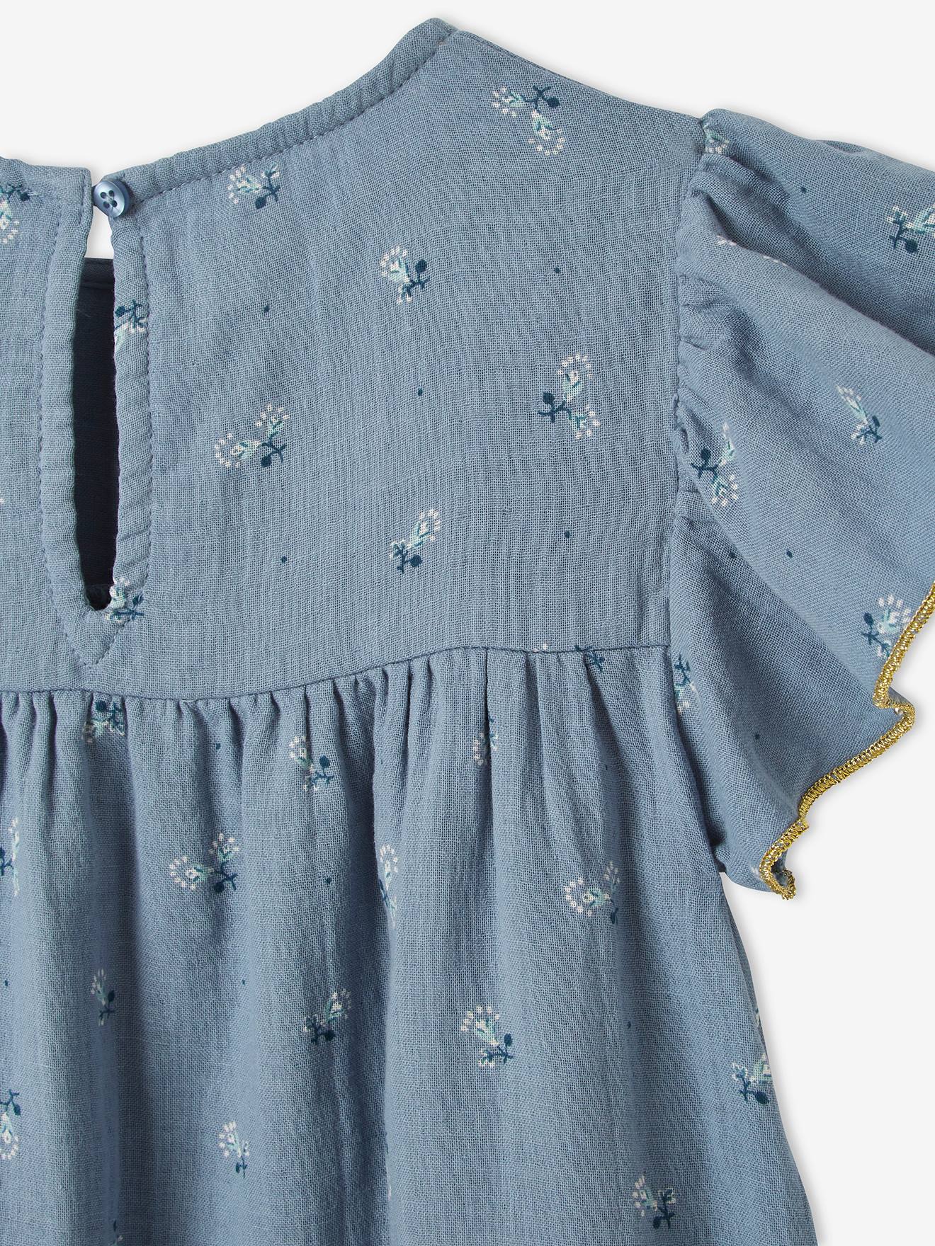 Vestido infantil de chiffon de algodão estampado com mangas borboleta, na cor verde-água.