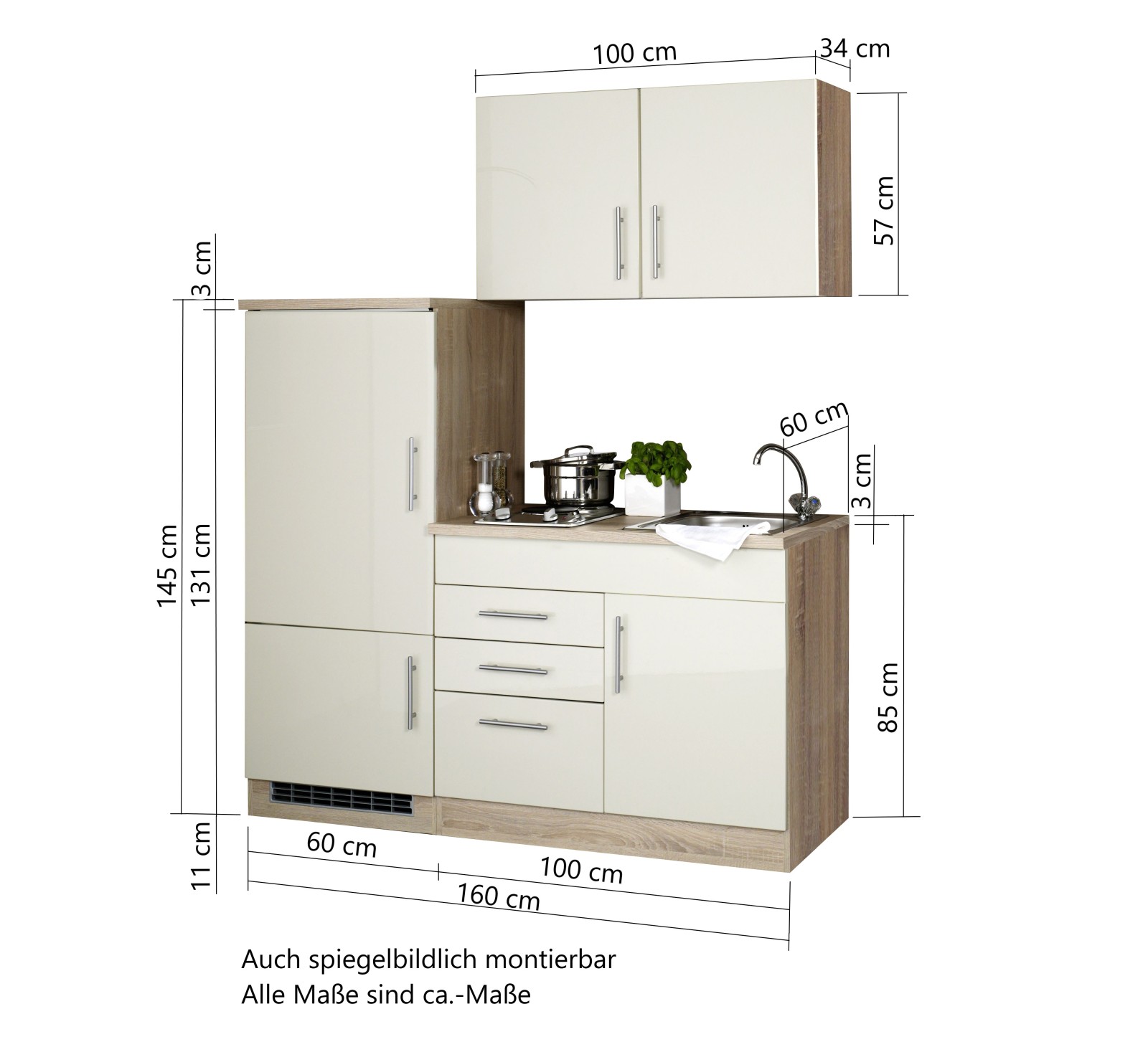 Single-Küche TORONTO - weiß - mit E-Geräten - 160 cm