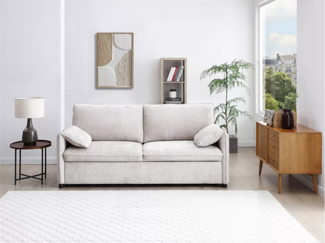 Canapé 3 places convertible en tissu texturé beige ALPARETO