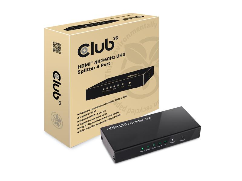 Club 3D 4-Port Signalsplitter HDMI 2.0 UHD Splitter 4 Port 4-Port Signalsplitter, Aktiv