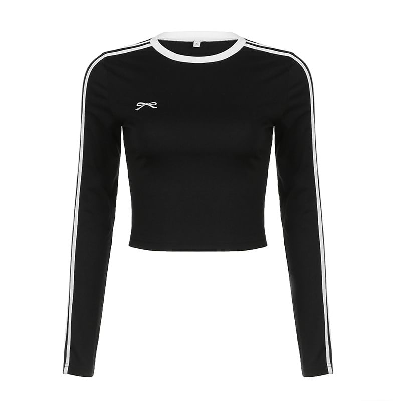 Sosana - Slim-fit crop top met lange mouwen, contrasterende strik en geborduurde strepen