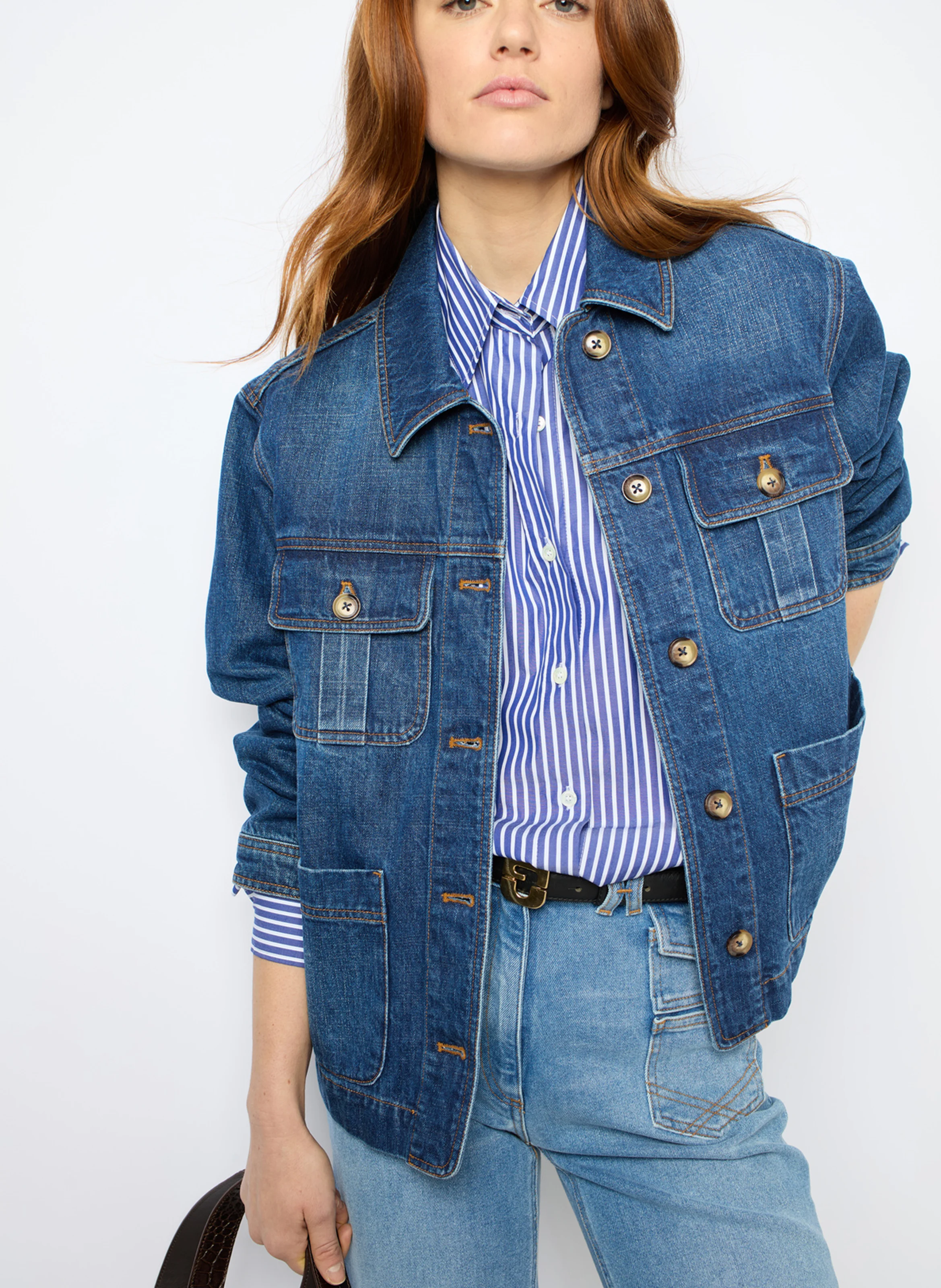 MARCELLINE - Veste droite col classique en coton | Bleu
