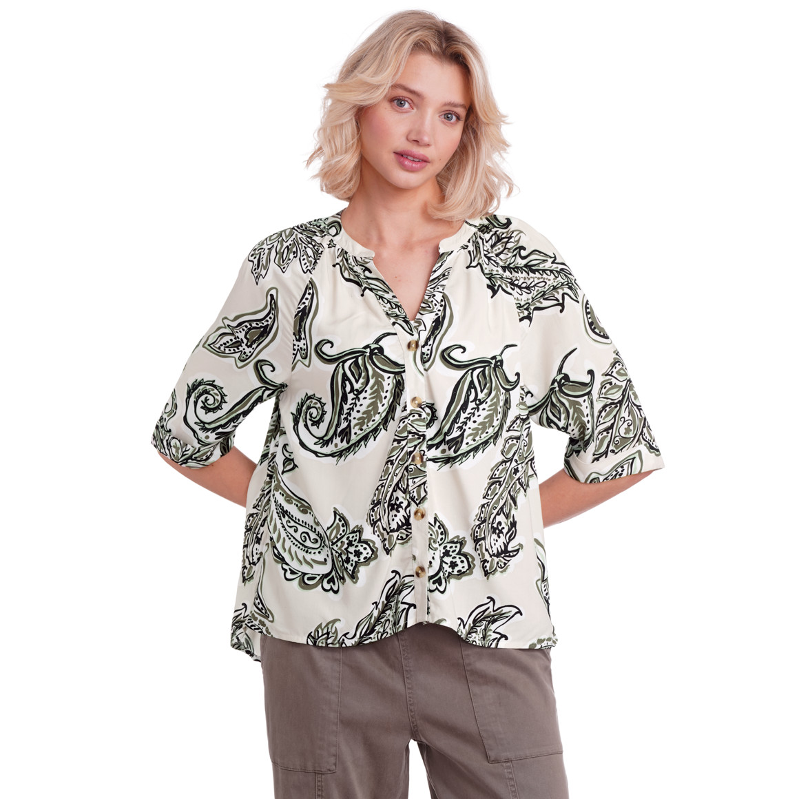 Gina Collection Damen Bluse mit Allover-Print creme / dunkelgrün