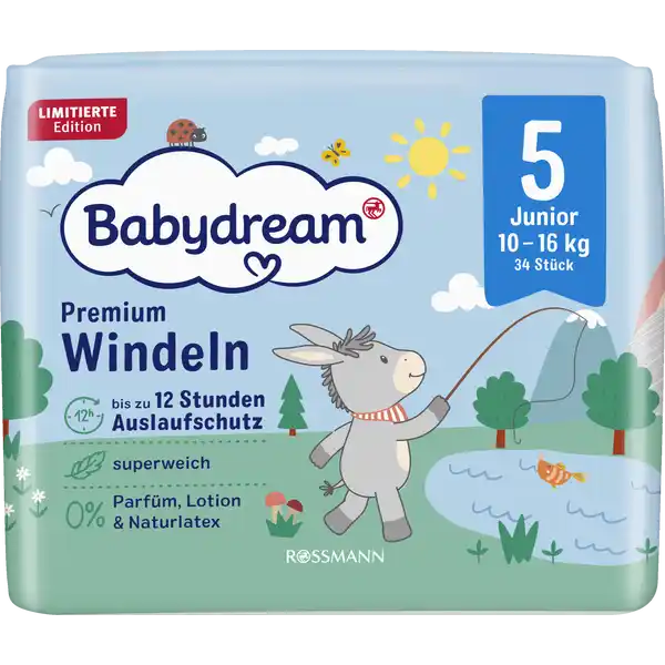 Premium Windel Größe 5 Junior, 34 Stück, 10-16 kg