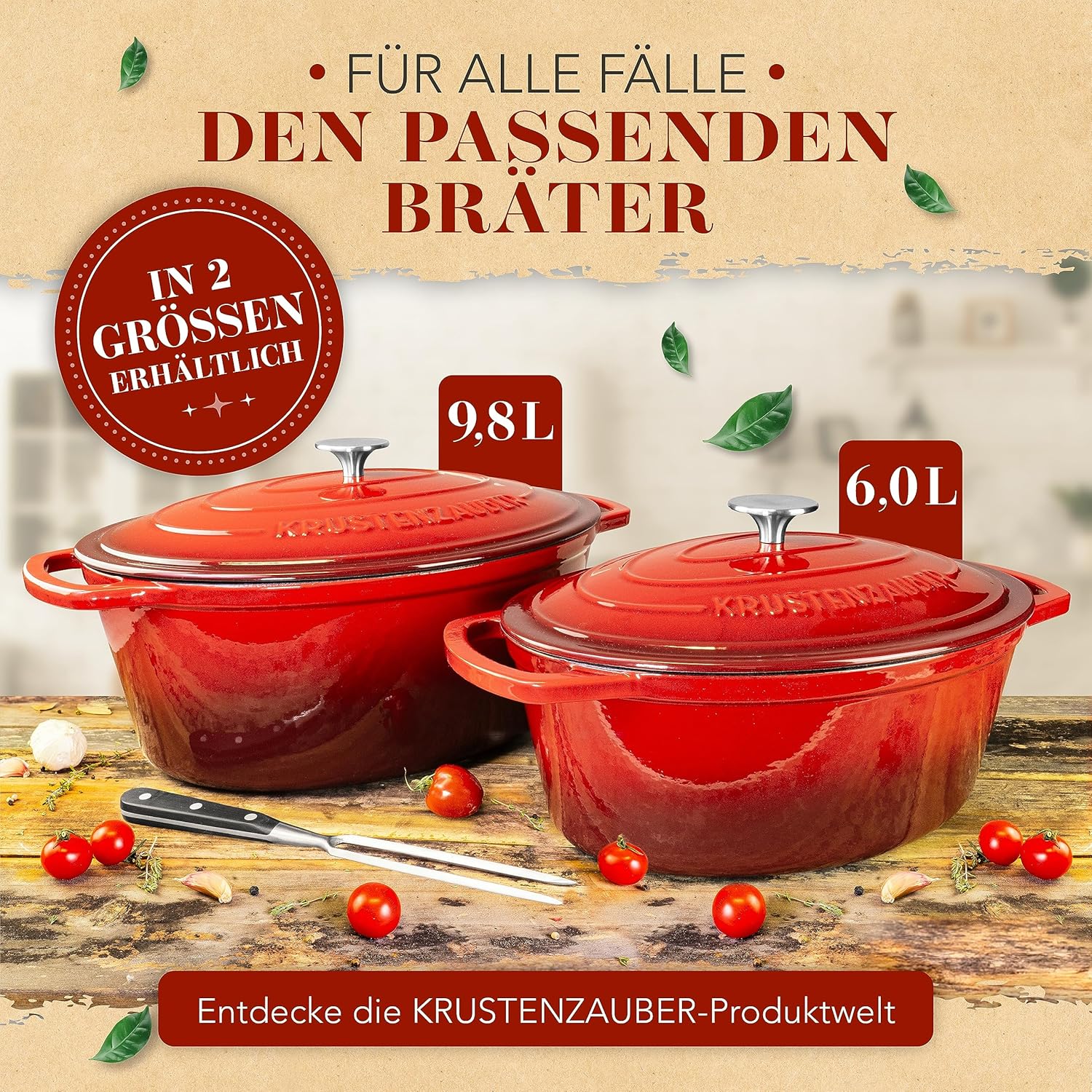 KRUSTENZAUBER 37,5cm Gusseisen Bräter mit Deckel backofengeeignet inkl. Fleischgabel - Großer ca. 10l Gänsebräter - Idealer Topf XXL, Schmortopf Kazan Gusseisen Bräter Induktion Oval