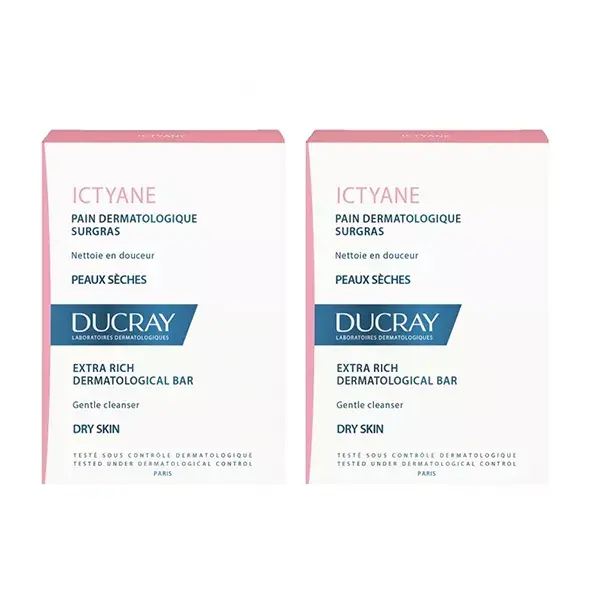 Sabonete de limpeza dermatológica extranutritiva Ducray Ictyane, pacote com 2 unidades de 100g