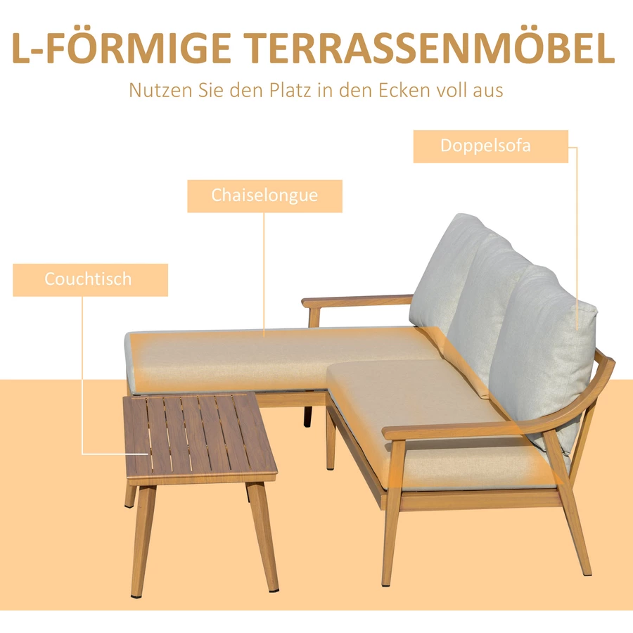Outsunny Gartenmöbel Set mit Sitzkissen natur