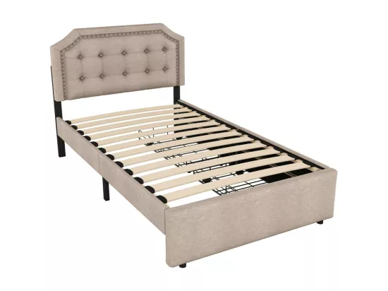 Lit capitonné en tissu de lin avec 2 tiroirs - 90x200cm - tête de lit décorée de rivets - Taupe