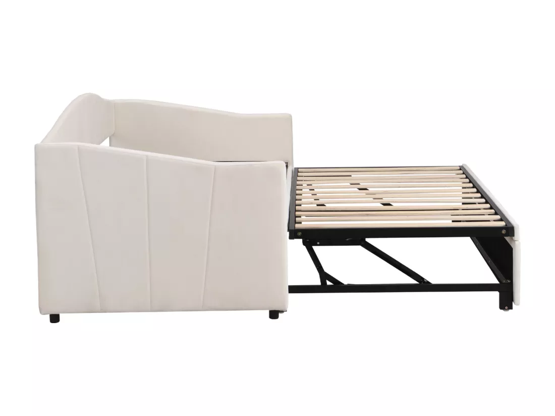 Lit gigogne 90/180x200cm, lit capitonné canapé-lit extensible avec sommiers à lattes, lit multifonctionnel en tissu velours style moderne - beige