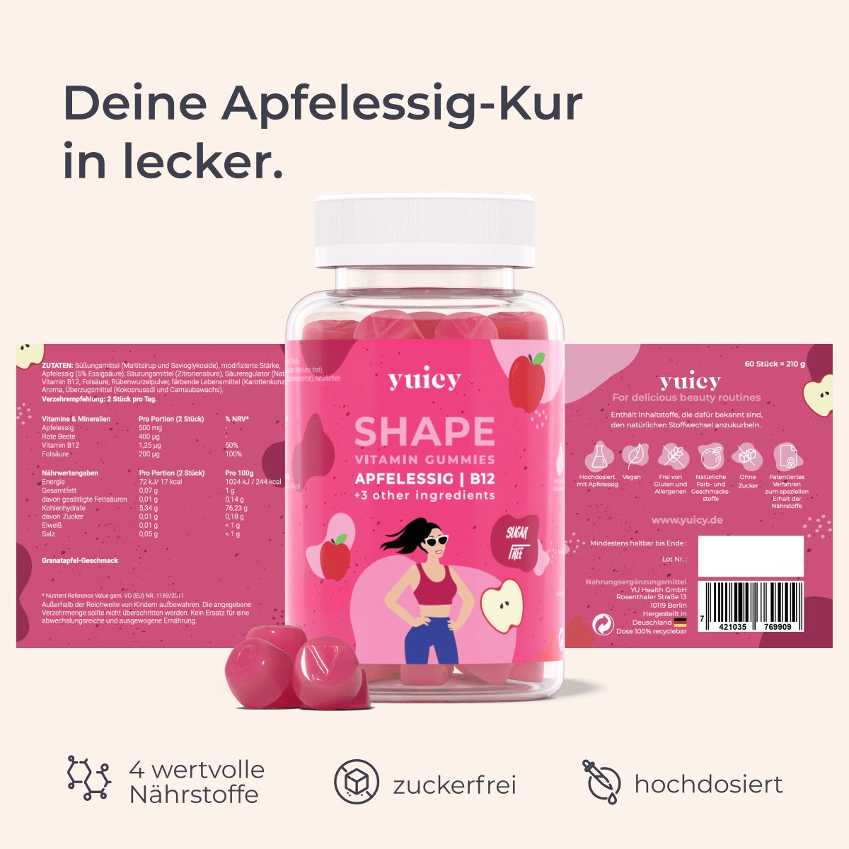 yuicy® Shape - Apfelessig Fruchtgummies | Natürliches Probiotikum für Keto-Diäten und Darmgesundheit