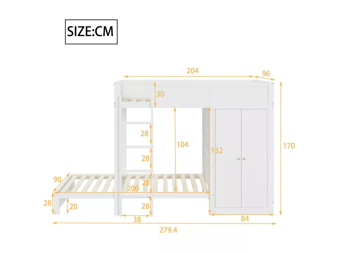 Lit superposé 90x200cm - avec escalier et armoire - 2 sommiers à lattes - Blanc