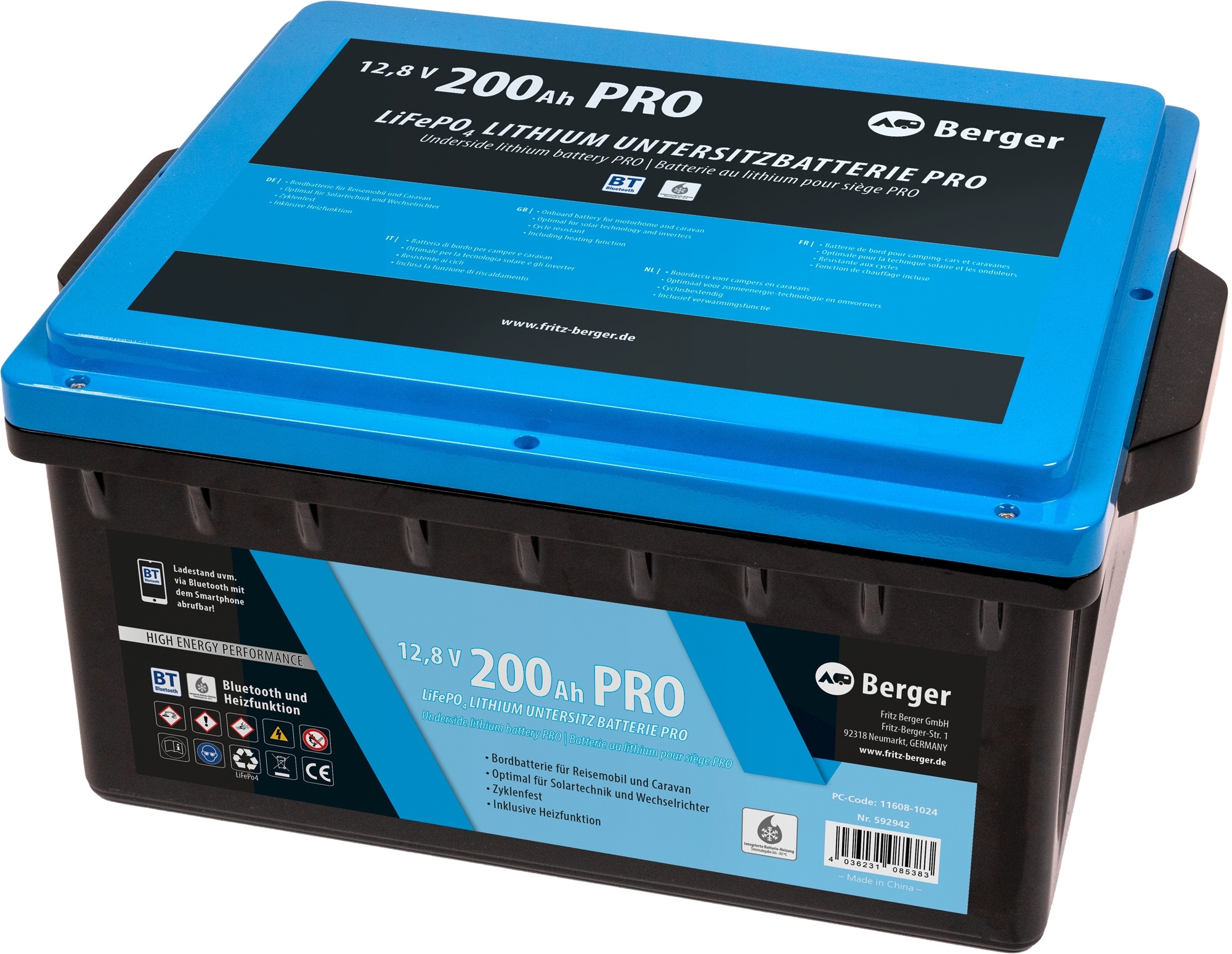 Berger LiFePO4 Lithium Untersitz-Batterie  Pro 200 Ah 12V mit Bluetooth & Heizung