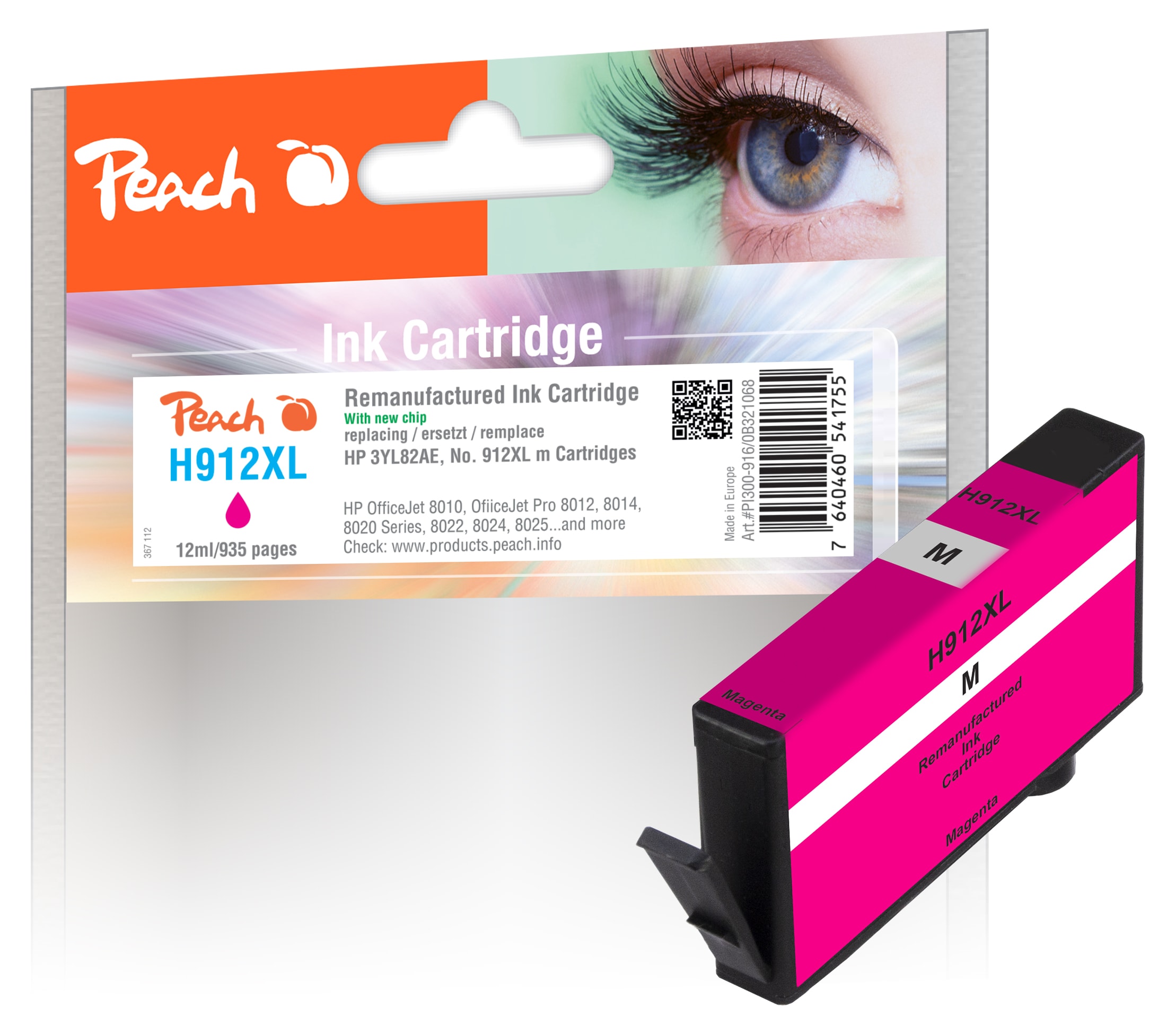 Peach HP 912 XLM Druckerpatrone XL ma ersetzt HP No. 912XL M, 3YL82AE für z.B. HP OfficeJet Pro 8014, HP OfficeJet 8010, HP OfficeJet Pro 8012 (wiederaufbereitet)
