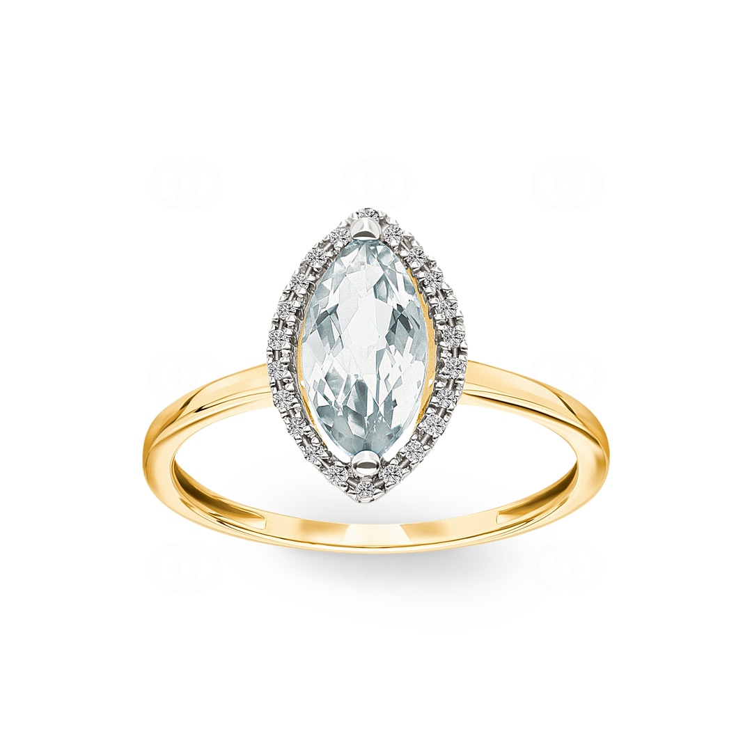 Damenring 750/18 K Gelbgold mit grünem Amethyst Marquise und Diamanten 0.06 ct H/si