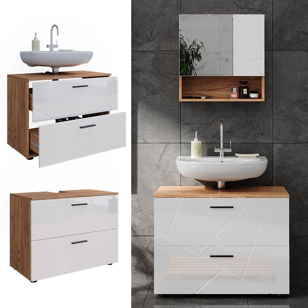 Vicco Waschtischunterschrank Waschbeckenunterschrank Irma Eiche Weiß Hochglanz modern 80x59 cm Badezimmer Schrank Badschrank Badkommode Badmöbel 2 Schubladen