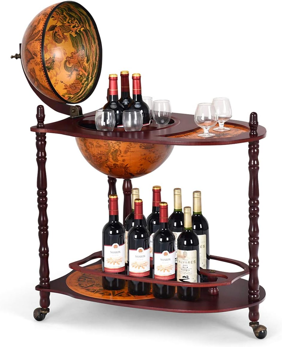 GOPLUS Globusbar Weltkugel Weinregal, Standglobus Bar auf Rollen, Flaschenregal RollbarItalienische Ästhetik, Hausbar Cocktailbar Dekobar Tischbar mit Massivholz, Barwagen für Zuhause/Bars/Restaurants