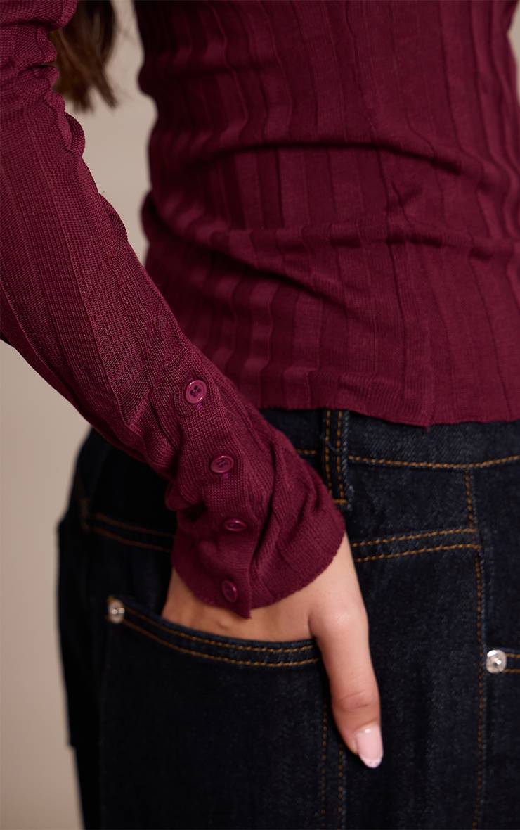 Rouge Bordeaux Haut Polo En Maille Côtelée Transparente