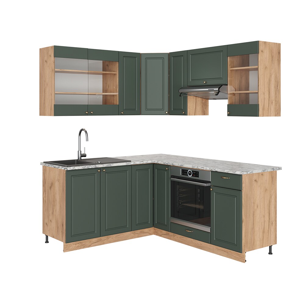 Vicco Eckküche Küchenzeile Einbauküche Fame-Line Landhaus Eiche Grün Gold 190 cm Schubunterschrank Spülenunterschrank Eckunterschrank Herdumbauschrank Hängeglasschrank Hängeschrank