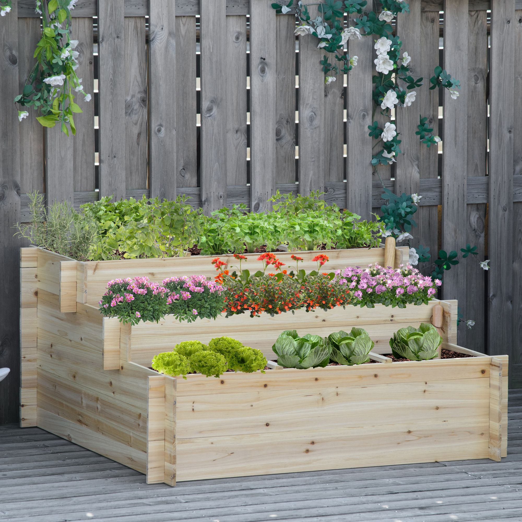 Jardineira de madeira Outsunny Urban Garden de 3 níveis com tecido geotêxtil para cultivo de plantas e flores em jardins e terraços externos, 117 x 100 x 54 cm, cor natural.