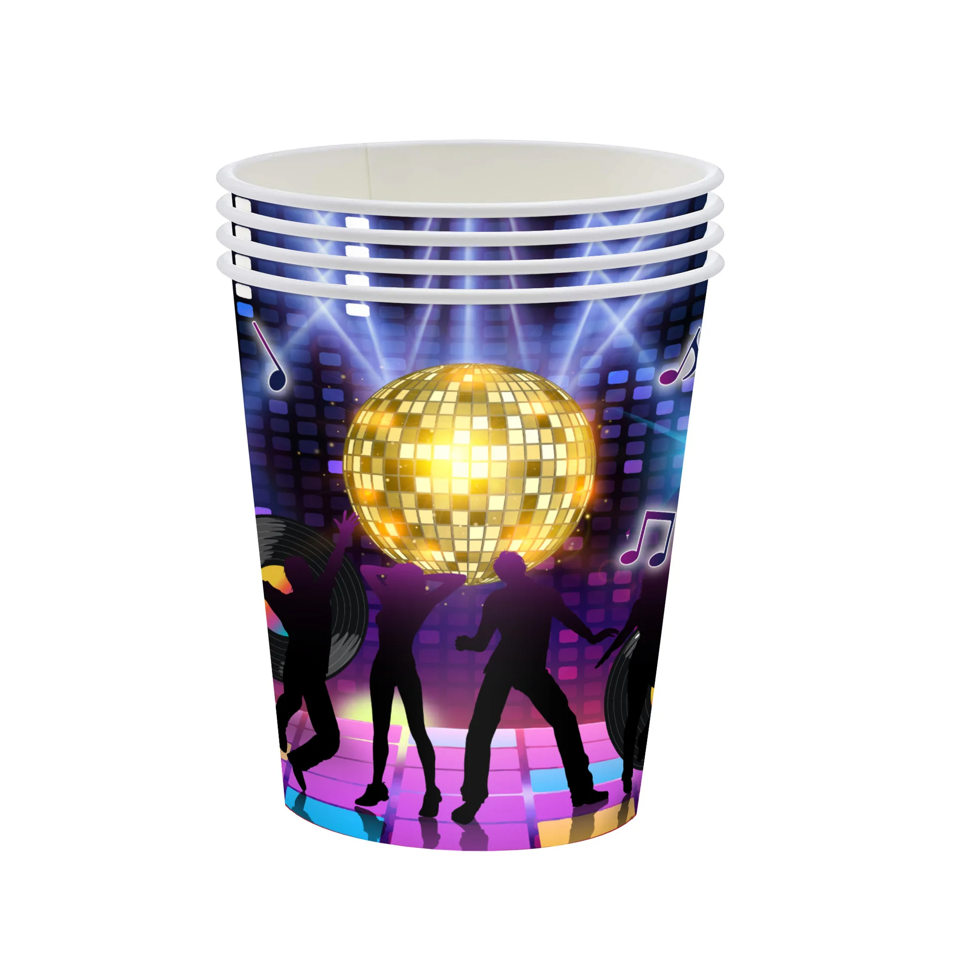 (112-tlg. Set) Einweg Geschirr Retro Disco Party Tisch Deko inkl. Teller / Servietten / Besteck / Papp Becher - Lets Boogie