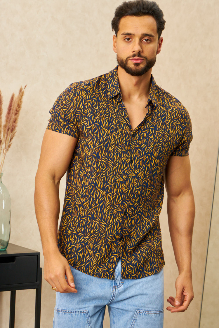 Chemise bleue foncé motif jaune