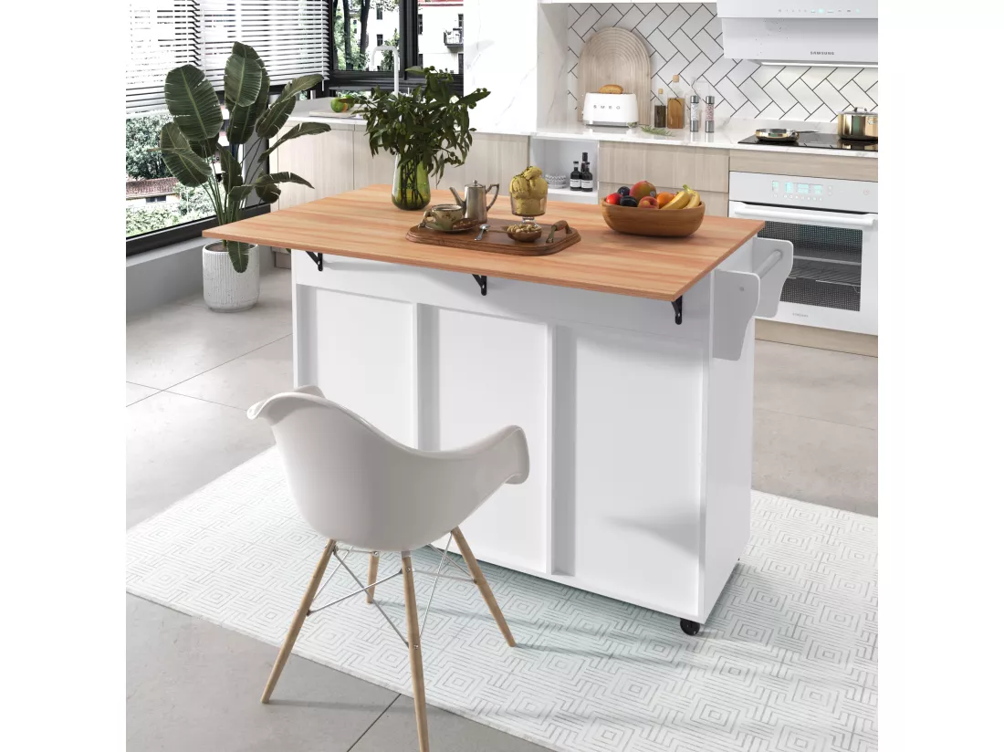 Ilot central de cuisine mobile - Plateau extensible - 2 tiroirs + portes d'armoire de rangement - Blanc