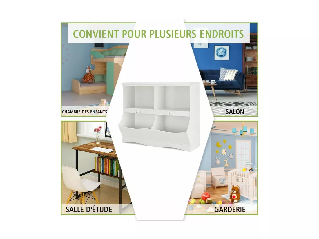 Bibliothèque enfants avec 4 compartiments, avec base en forme vague, 105,5 x 39,5 x 84 cm