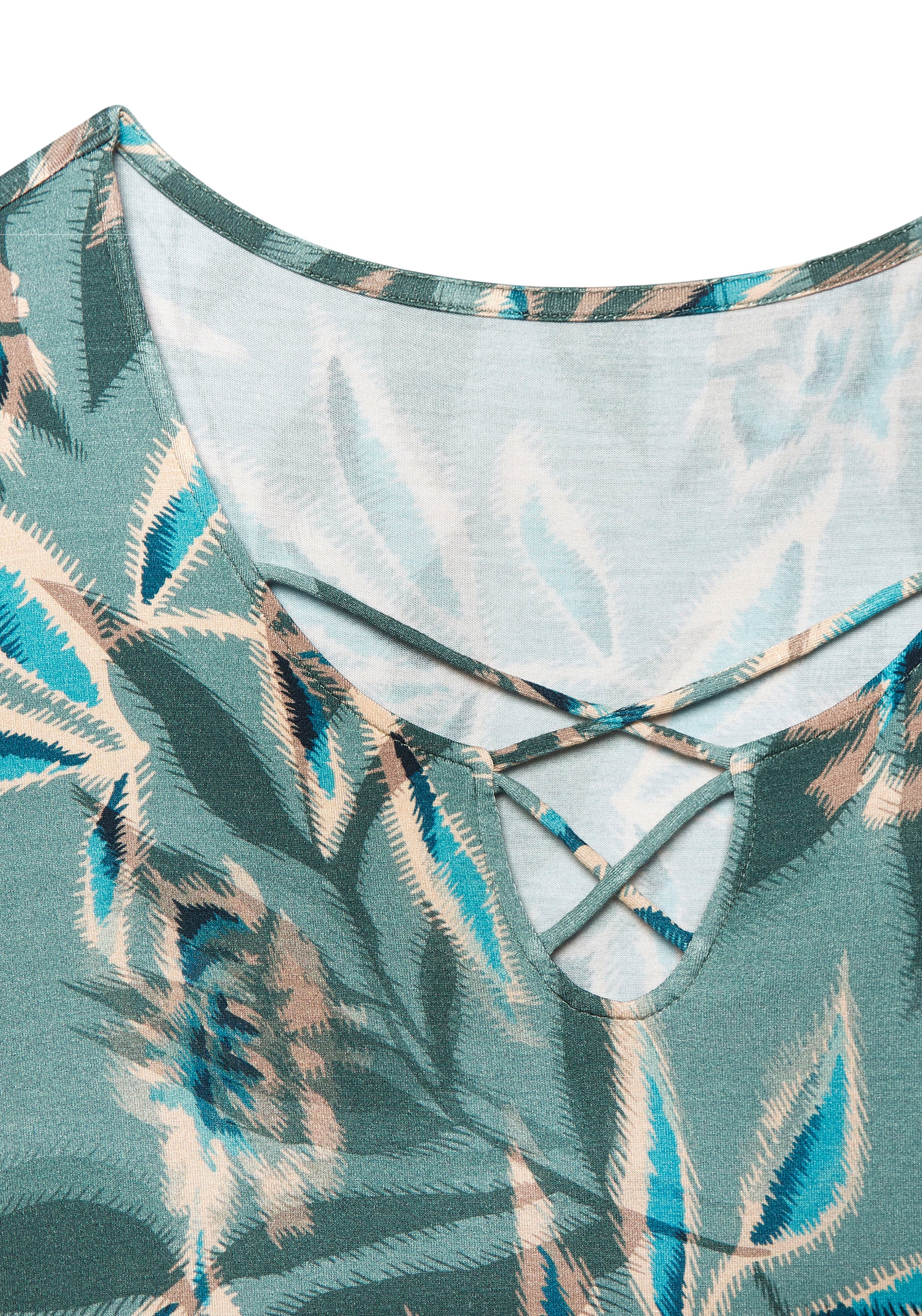 Vivance Sommerkleid mit Alloverdruck und Zierbändern am Ausschnitt, kurzes Strandkleid