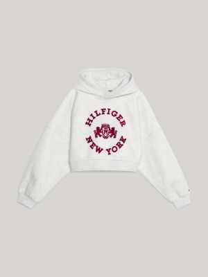 Moletom com capuz cropped estilo universitário