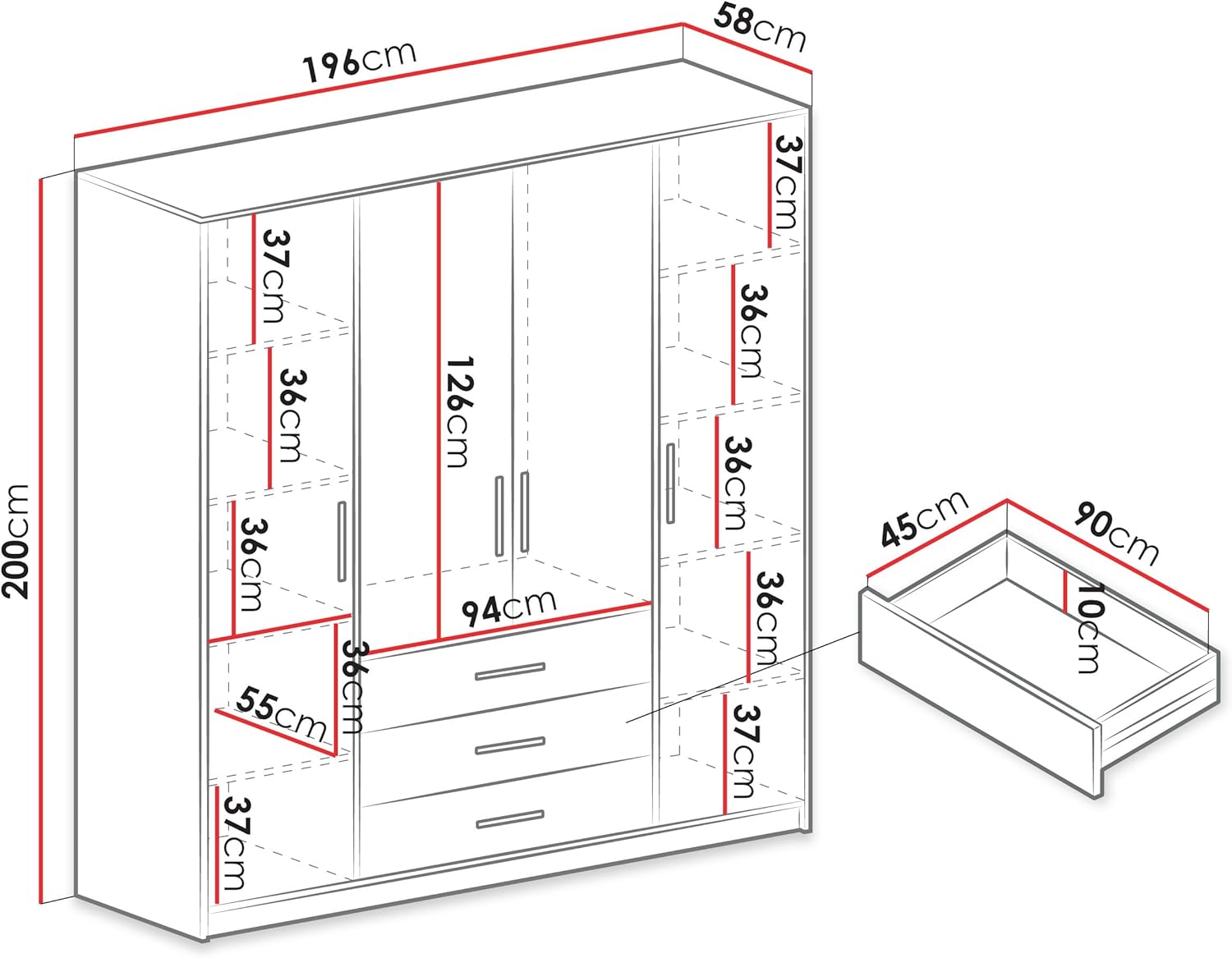 Mirjan24 Drehtürenschrank Bado 4D, Kleiderschrank mit Spiegel, Schubladen und Spiegeltüren, Elegantes Schlafzimmer Schrank, Jugendzimmer (Wellington Eiche)