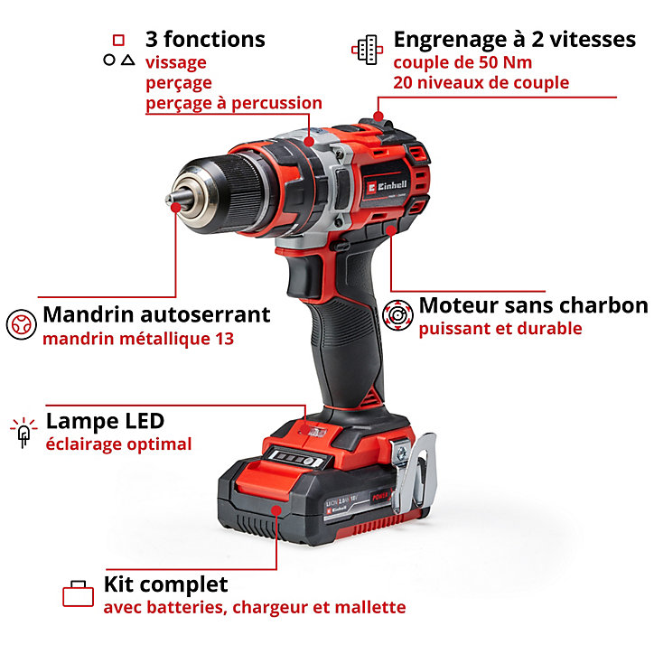 Perceuse visseuse à percussion sans fil Einhell Professional TP-CD 18/50 Li-i BL 2 x 2Ah