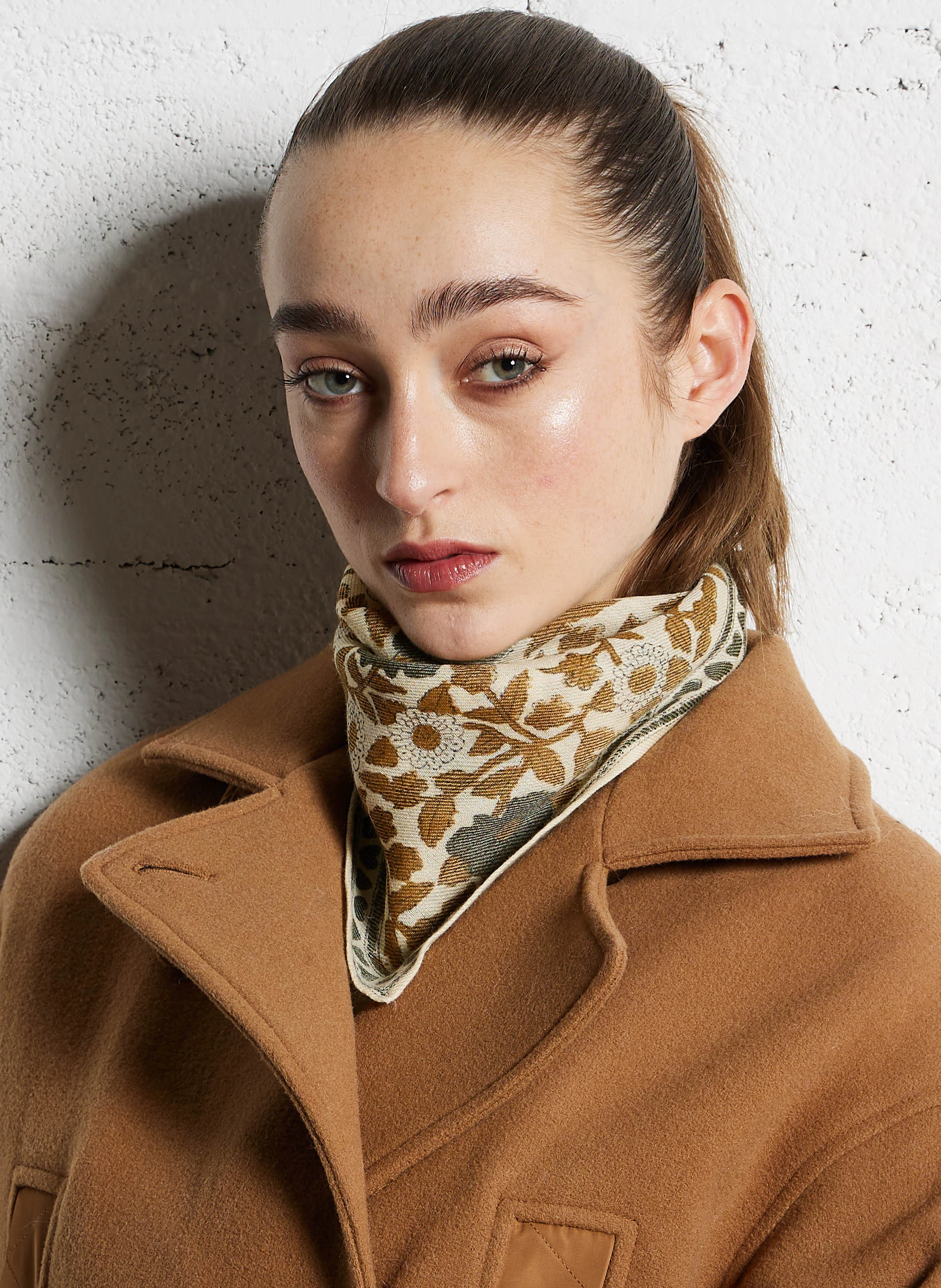 ASHA - Foulard en laine et coton mélangé imprimé | Beige