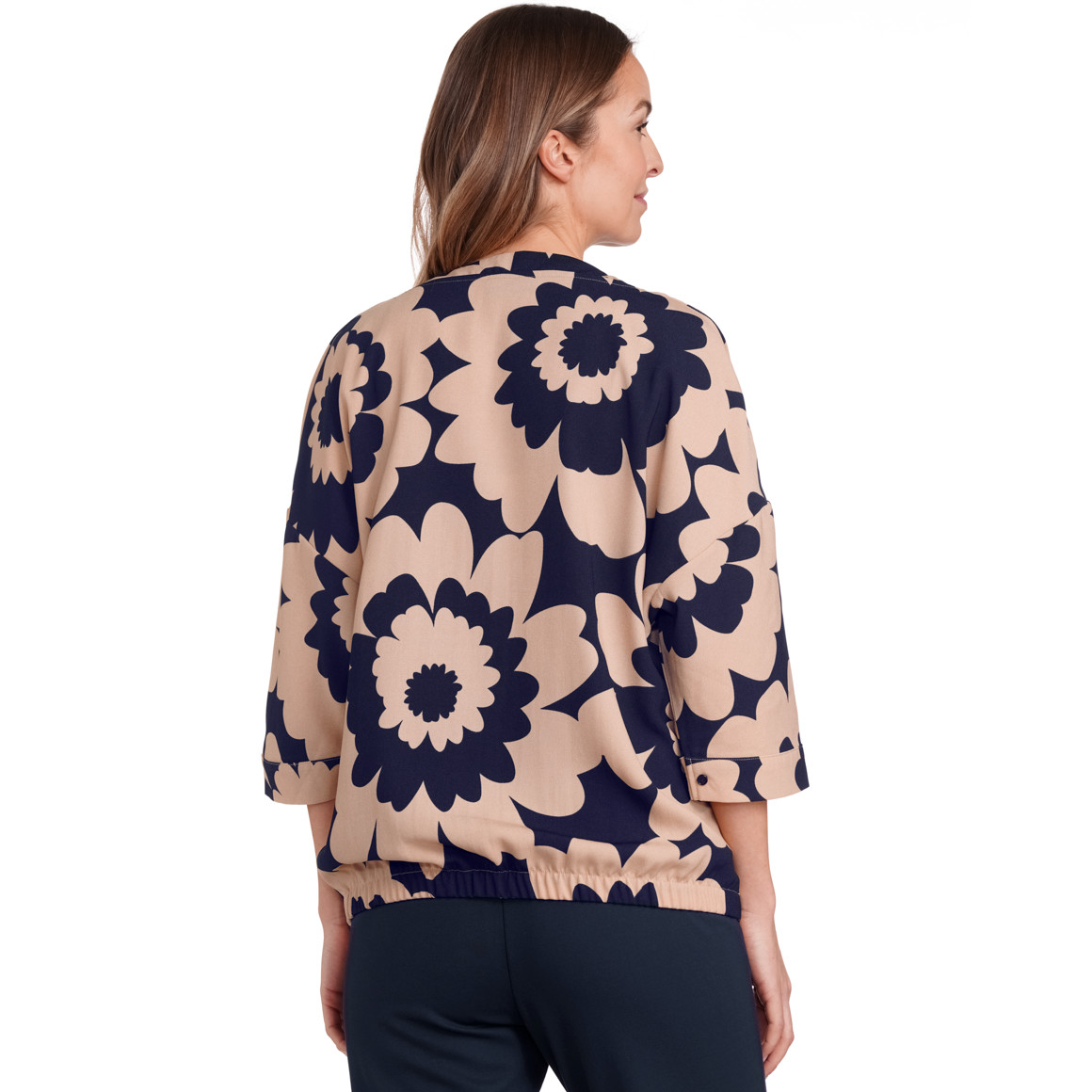 Gina Benotti Damen Bluse mit elastischem Saum beige / dunkelblau