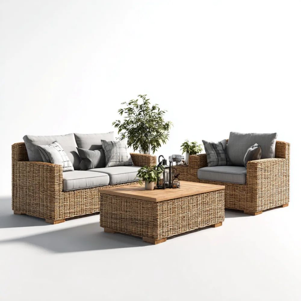 Garten-Sofaset Rattan 2-Sitzer und Sessel 150x85x70 cm - Braun/Grau -