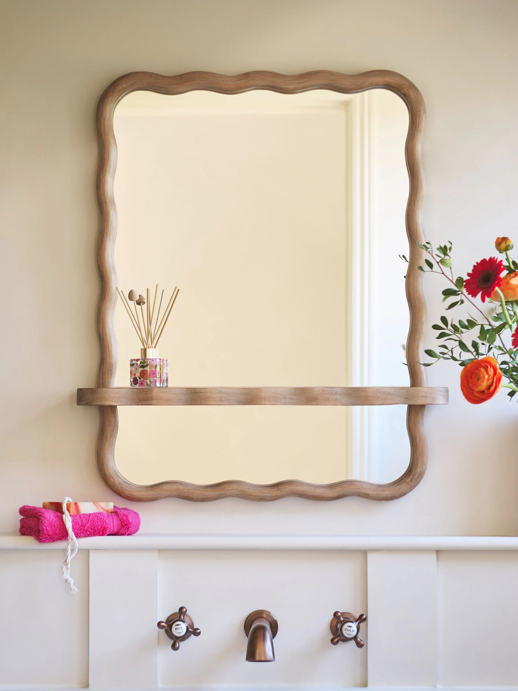 Wavy Pine Wood Shelf Bathroom Wall Mirror