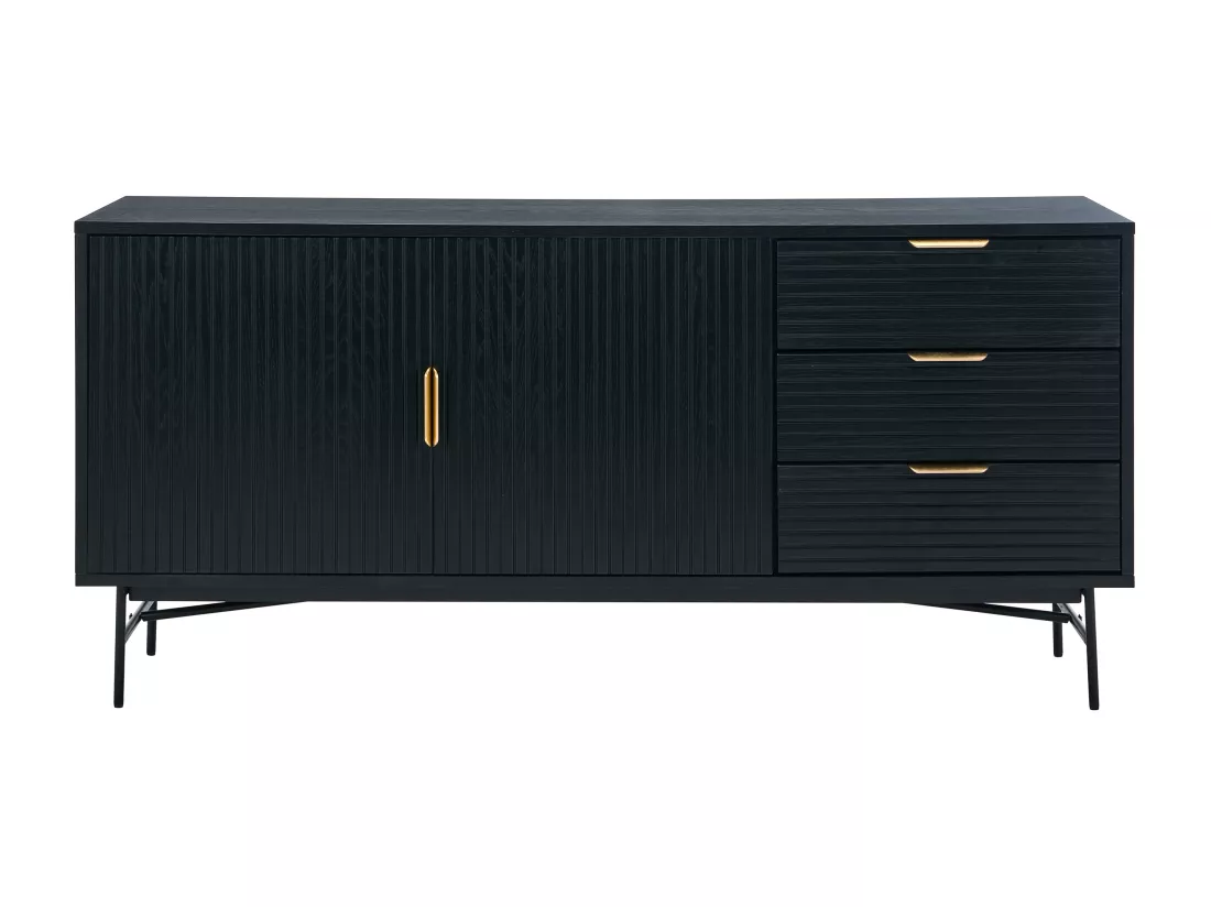 Buffet avec 2 portes et 3 tiroirs placage chêne et métal - Noir et Doré - SIRIOLA