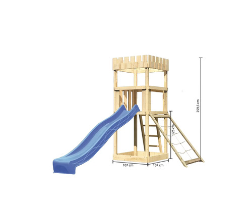 Speeltoren/speelhuis Karibu Leeuwenhart, 107 x 107 cm, van hout, bestaande uit glijbaan en nethelling (blauw).