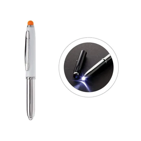 cuurts Touchpen Kugelschreiber mit LED Licht, silberweiß mit orangen Stylus