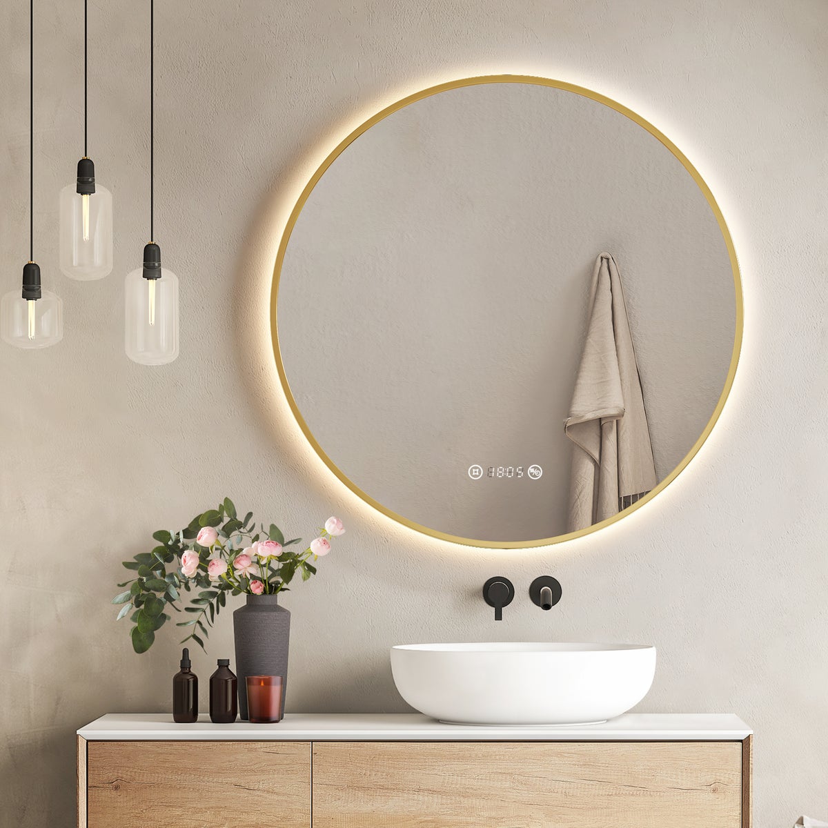 EMKE LED badkamerspiegel 80 cm geborsteld goudkleurig frame, anti-condens, klok, temperatuurregeling, dimbaar, geheugenfunctie, neutraal licht