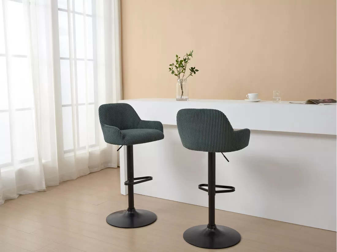 Lot de 2 tabourets en velours côtelé et métal noir - Hauteur réglable - Vert - LILIYA