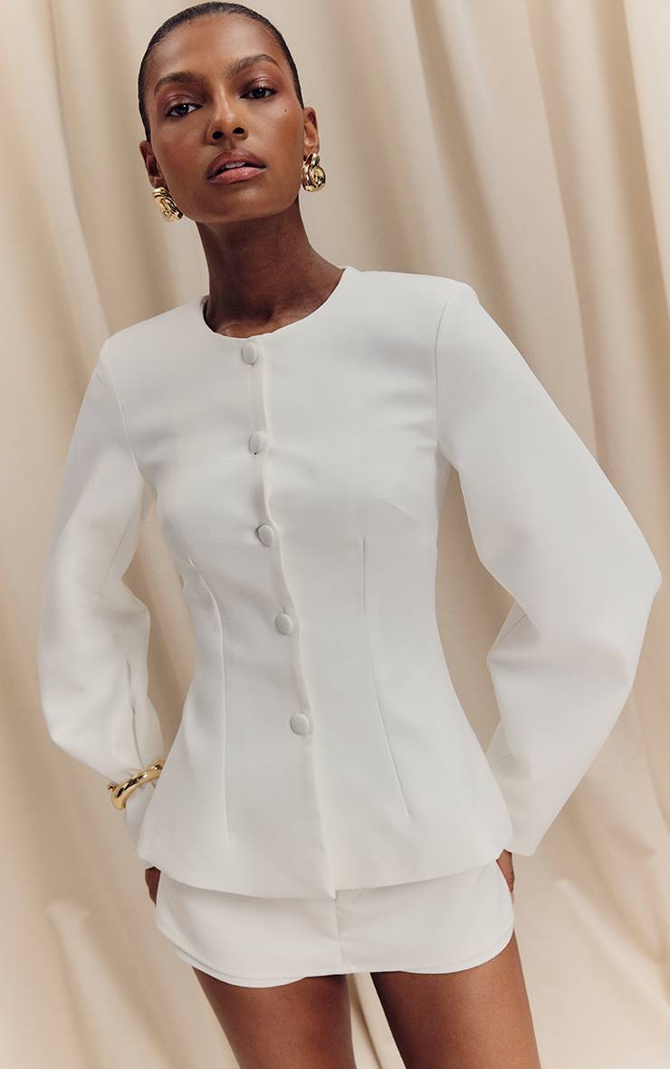 Blanc Ensemble Blazer Cintré À Taille Froncée Et Manches Cocon Avec Boutonnage
