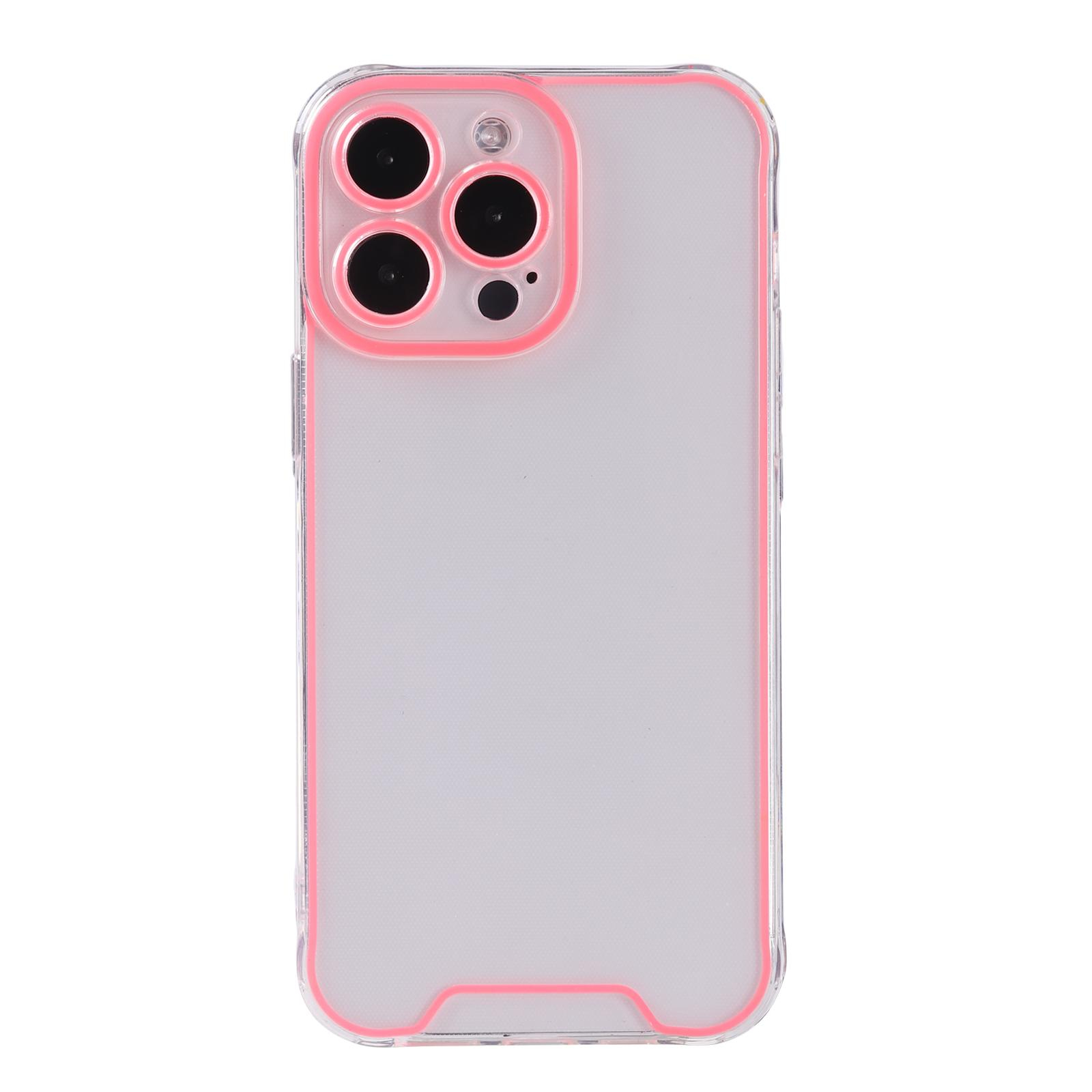 iPhone 14 Pro Gummi Case Hülle mit Fluoreszierendem Rahmen - Pink / Transparent