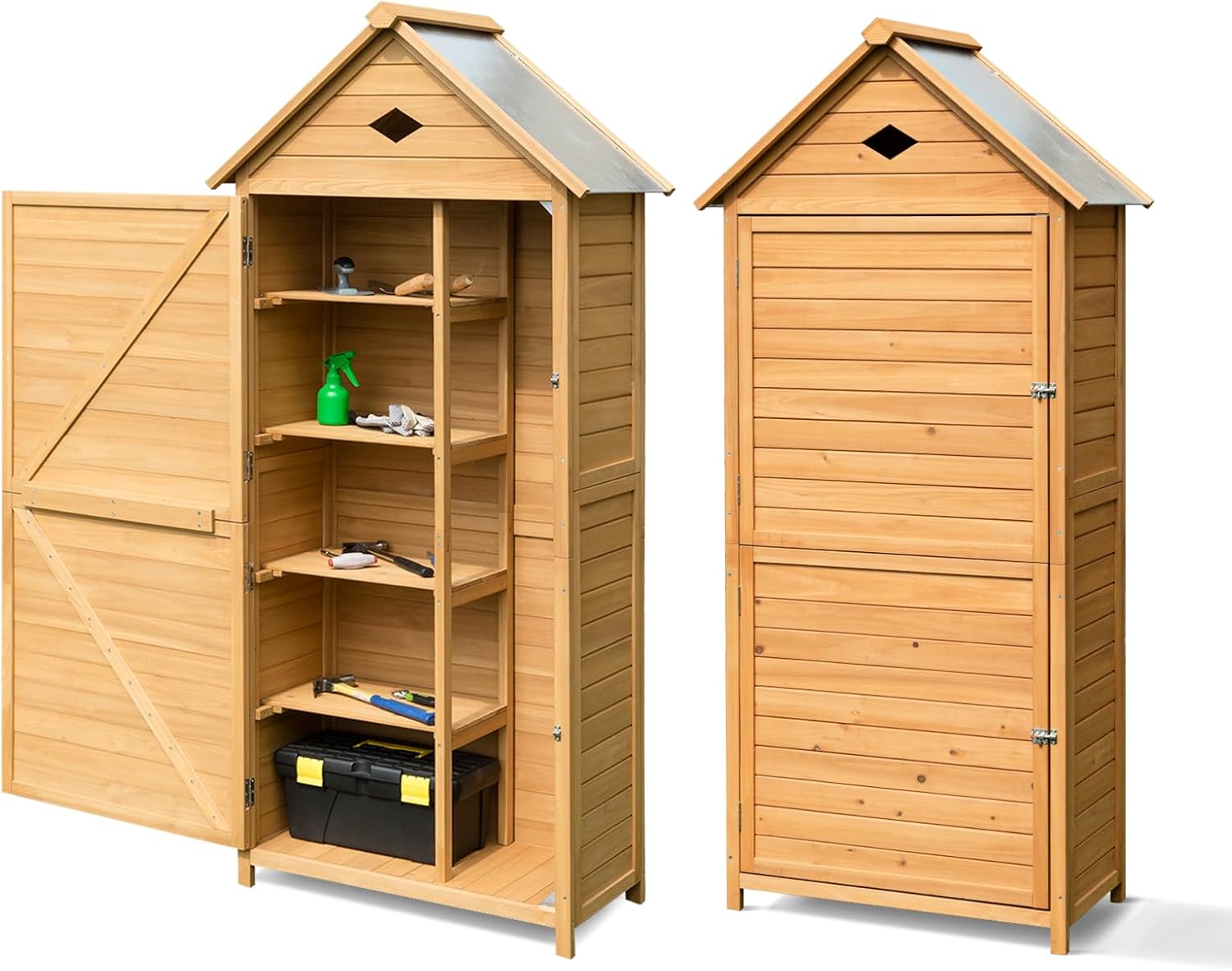 GOPLUS Gartenhaus Holz, 80 x 35 x 176 cm Geräteschuppen mit Satteldach & Ablagen & Schloss, Gerätehaus wetterfest, Gartenschrank Gartenhütte Holzhütte Gartenschuppen für Terrasse & Balkon