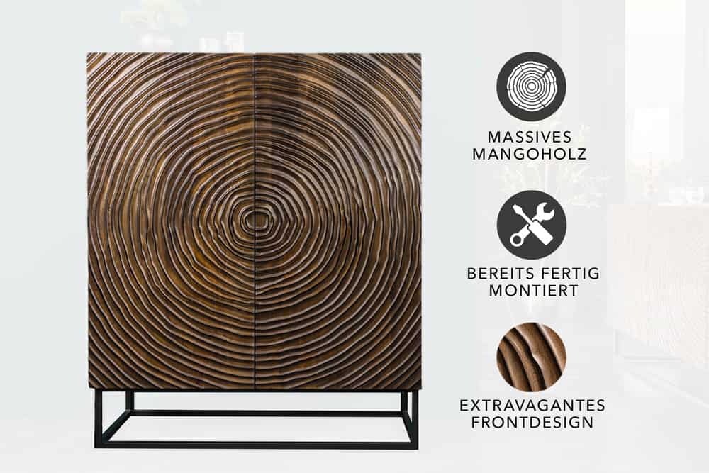 Massivholz Highboard ZEN CIRCLES 120cm dunkelbraun Mangoholz 3D-Design