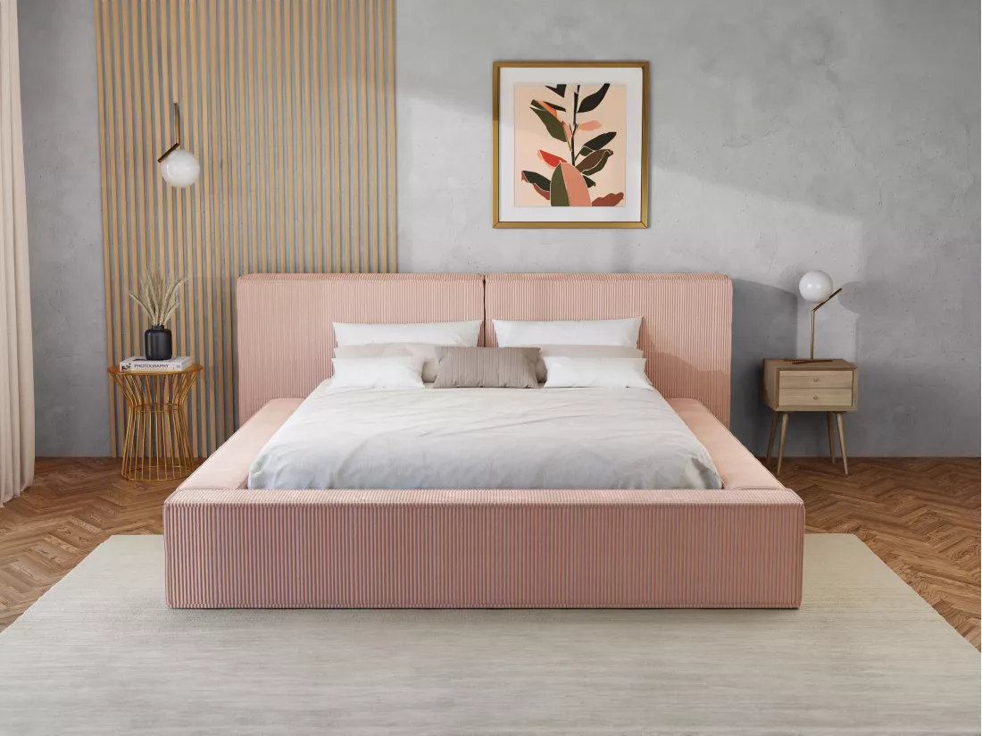 Lit coffre 160 x 200 cm - Velours côtelé - Rose + Matelas - TIMANO de Pascal Morabito